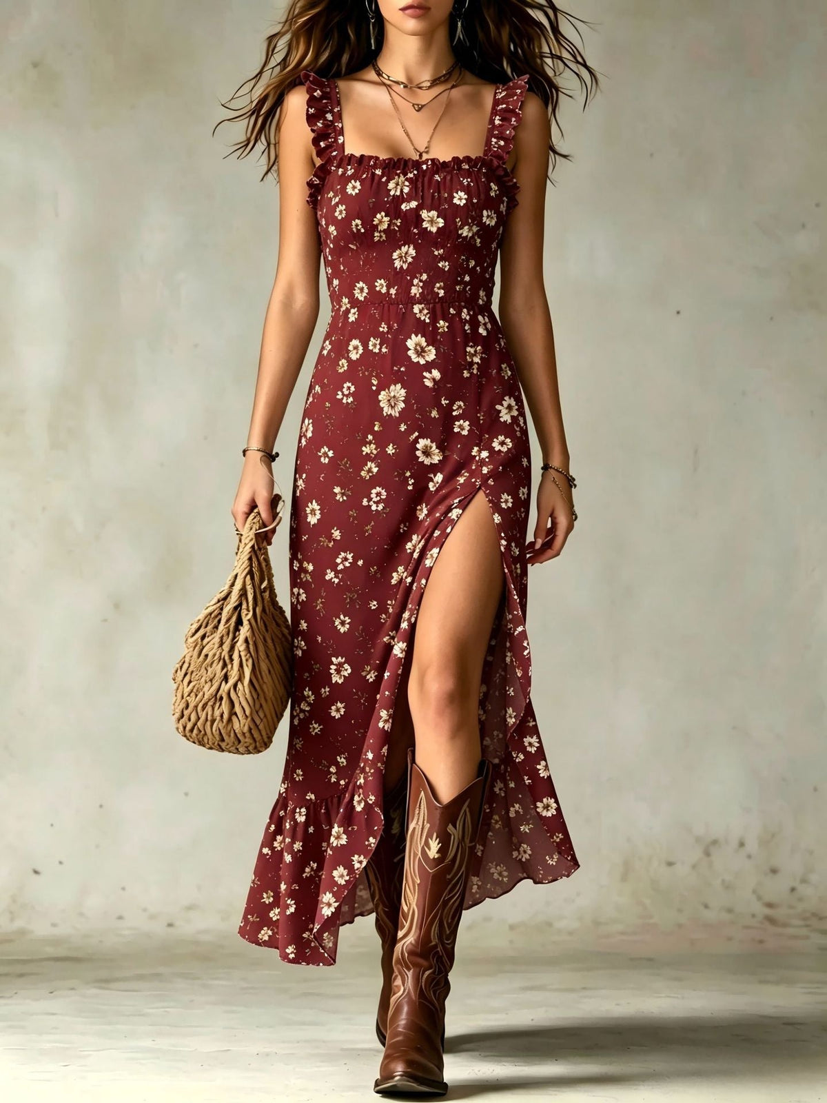 GAIA | Vestido Largo Floral con Cuerpo Fruncido