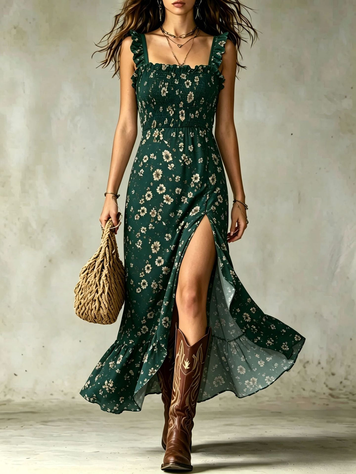 GAIA | Vestido Largo Floral con Cuerpo Fruncido