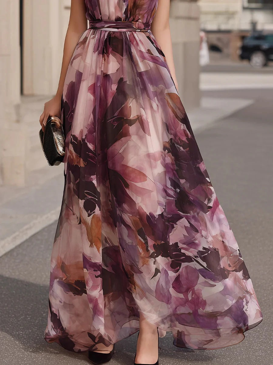 PILAR | Vestido Maxi Floral con Lazo al Cuello y Cinturón