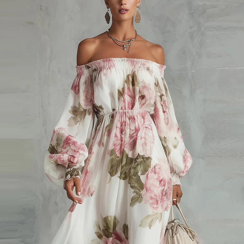PETRA | Vestido Maxi Floral con Hombros Descubiertos y Manga Larga
