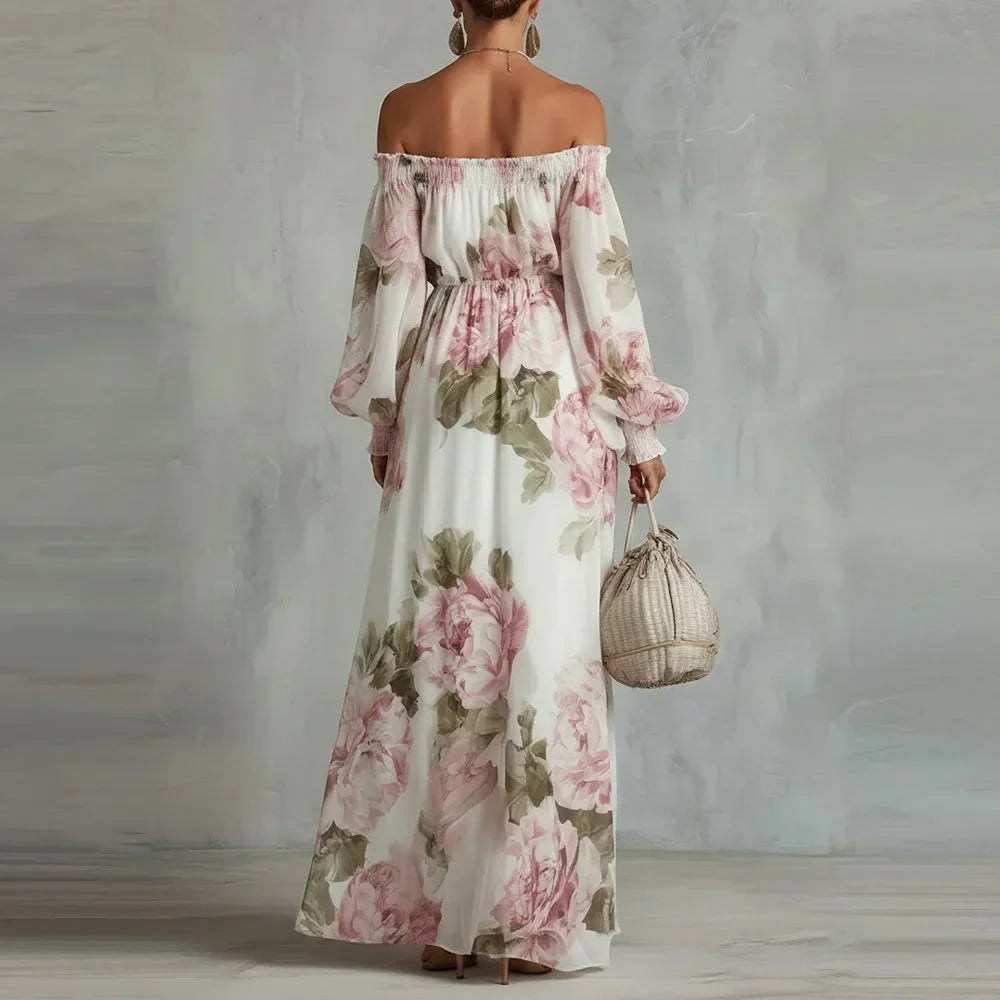 PETRA | Vestido Maxi Floral con Hombros Descubiertos y Manga Larga