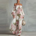 PETRA | Vestido Maxi Floral con Hombros Descubiertos y Manga Larga