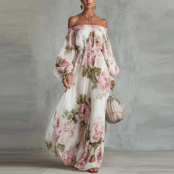 PETRA | Vestido Maxi Floral con Hombros Descubiertos y Manga Larga