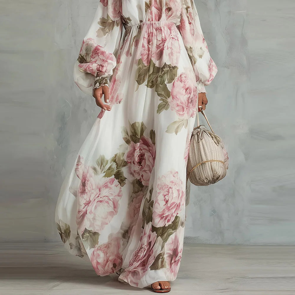 PETRA | Vestido Maxi Floral con Hombros Descubiertos y Manga Larga