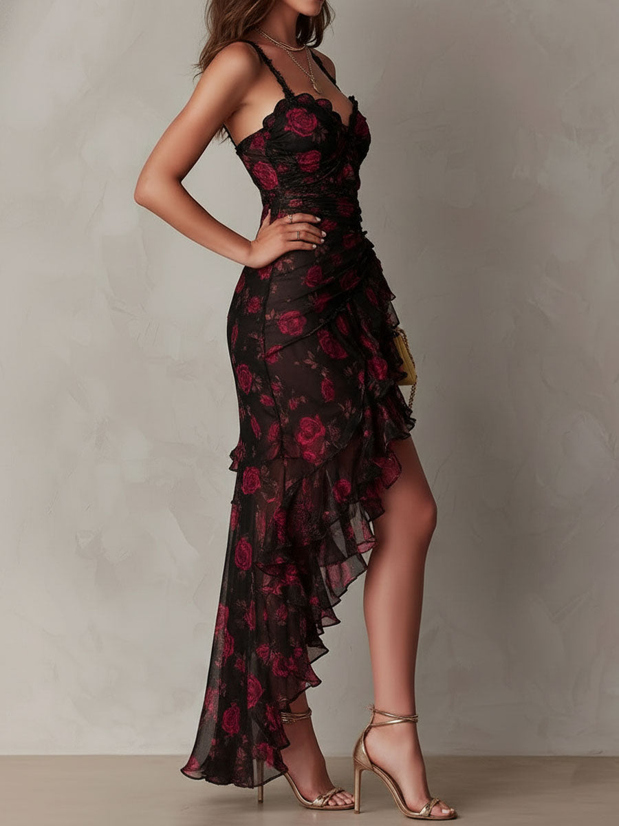 ORNELIA | Vestido Negro y Rojo con Volantes y Cintura Marcada