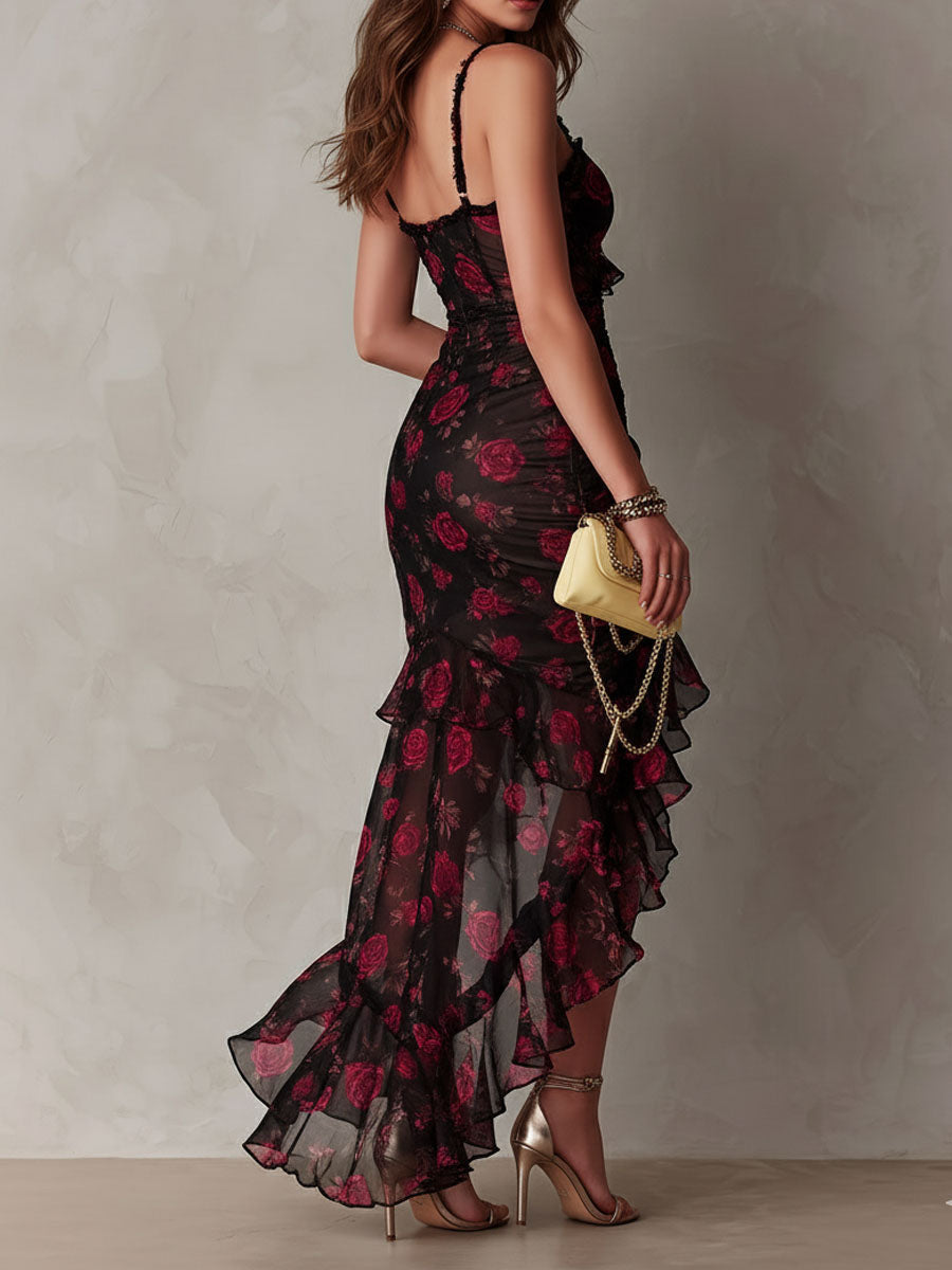 ORNELIA | Vestido Negro y Rojo con Volantes y Cintura Marcada