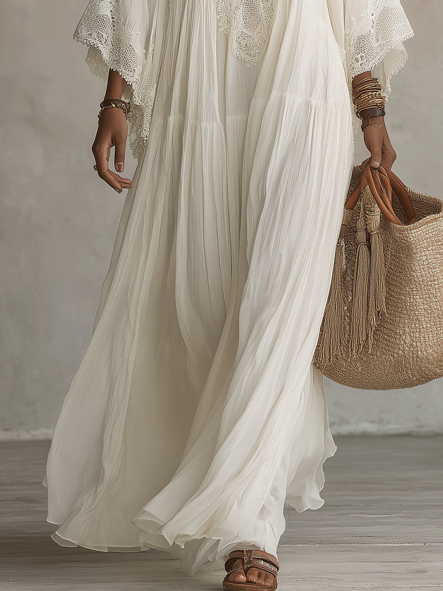 ADELAIDE | Vestido Largo Color Marfil con Mangas Murciélago y Encaje Blanco