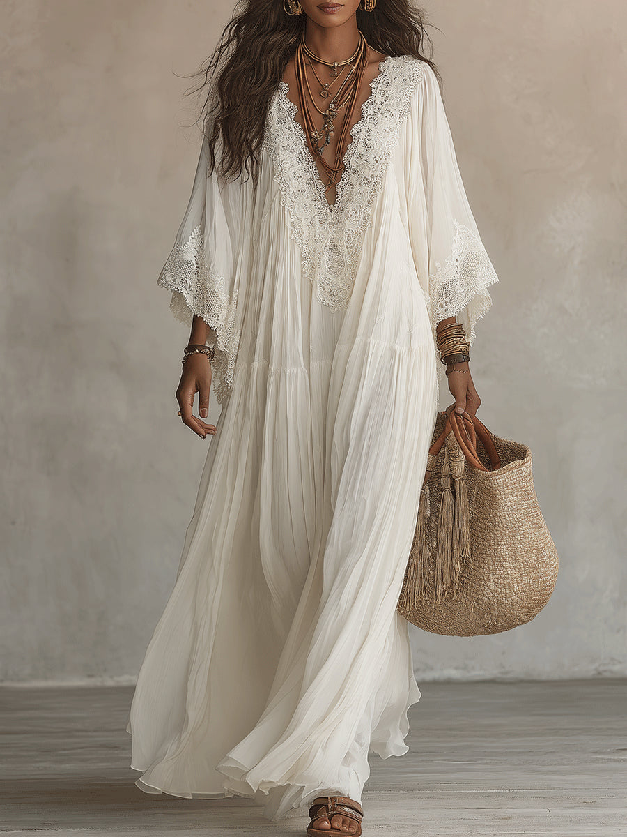 ADELAIDE | Vestido Largo Color Marfil con Mangas Murciélago y Encaje Blanco