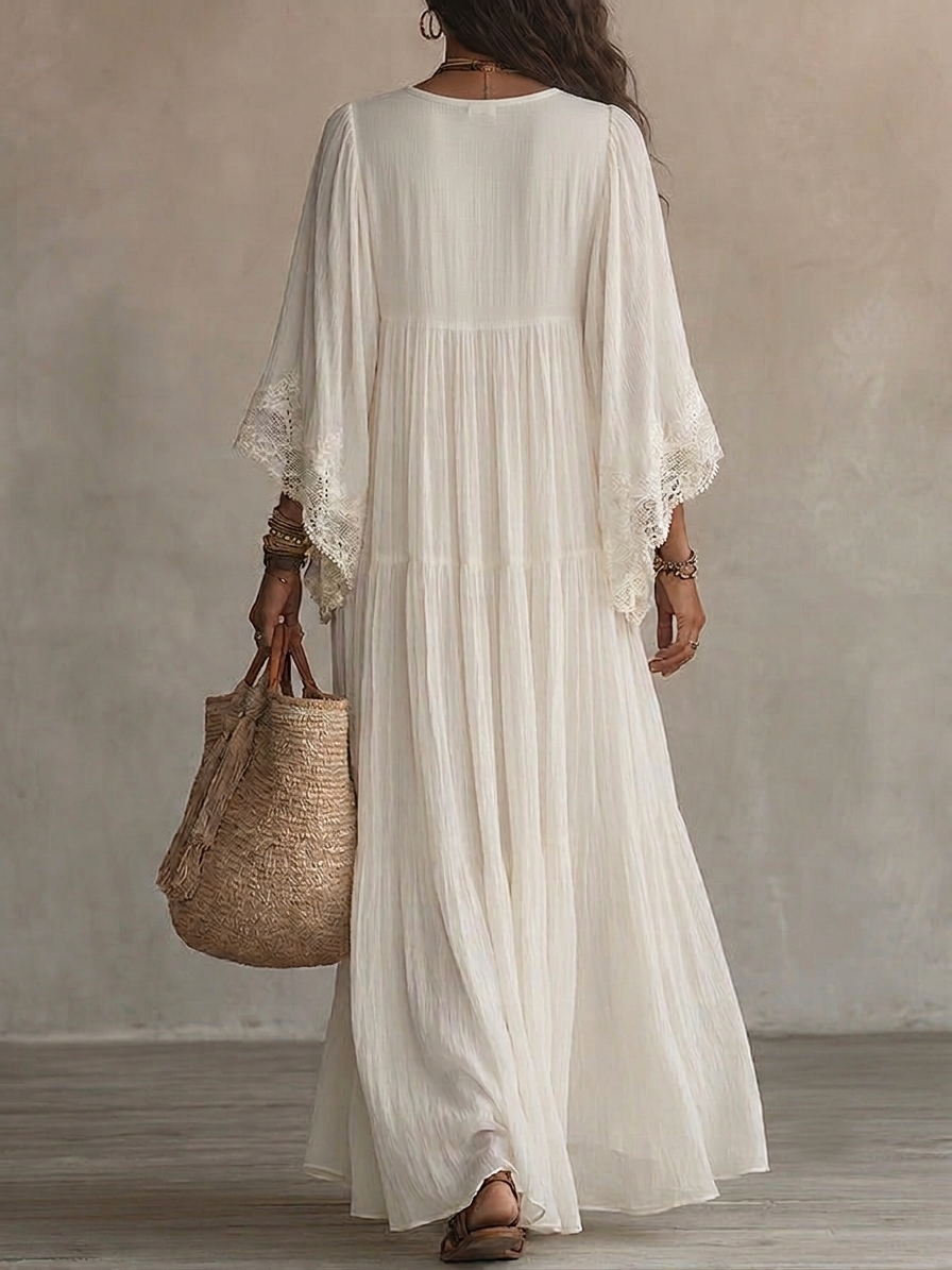 ADELAIDE | Vestido Largo Color Marfil con Mangas Murciélago y Encaje Blanco