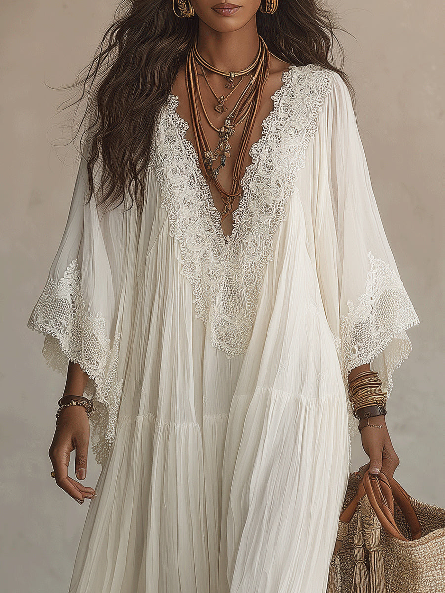 ADELAIDE | Vestido Largo Color Marfil con Mangas Murciélago y Encaje Blanco