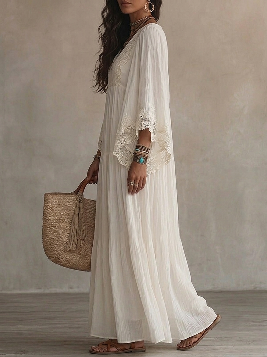 ADELAIDE | Vestido Largo Color Marfil con Mangas Murciélago y Encaje Blanco