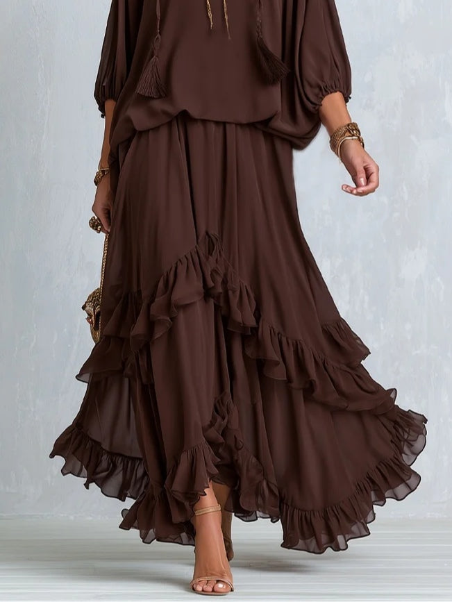 ONDINE | Conjunto de Gasa con Flecos y Falda de Volantes