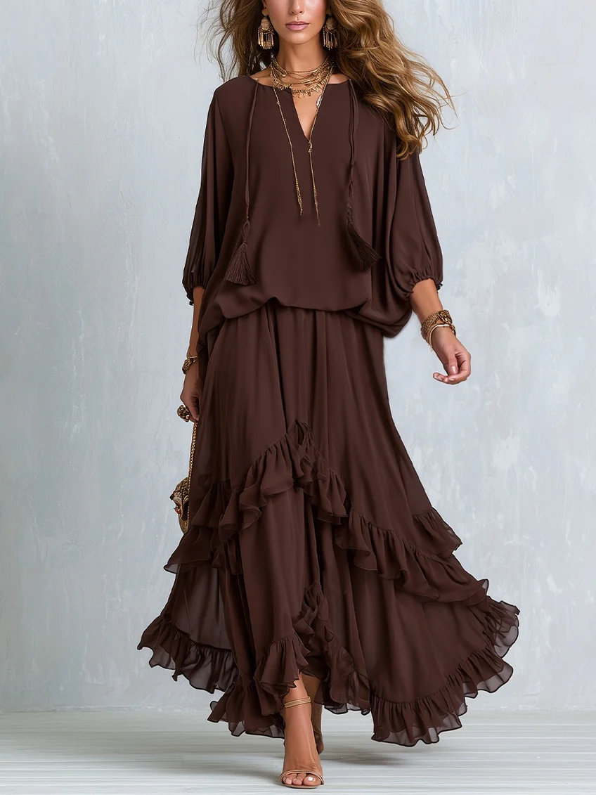 ONDINE | Conjunto de Gasa con Flecos y Falda de Volantes