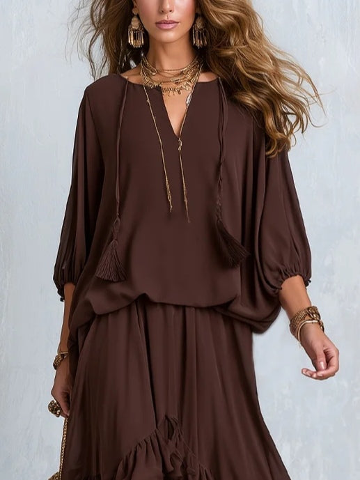 ONDINE | Conjunto de Gasa con Flecos y Falda de Volantes