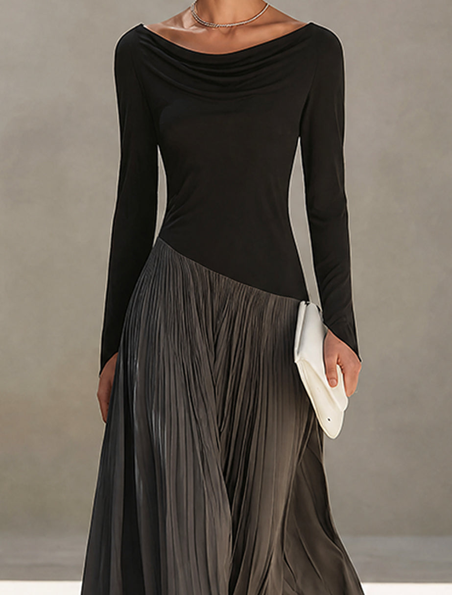 OPHÉLIE | Vestido Maxi Plisado Bicolor con Cuello Drapeado
