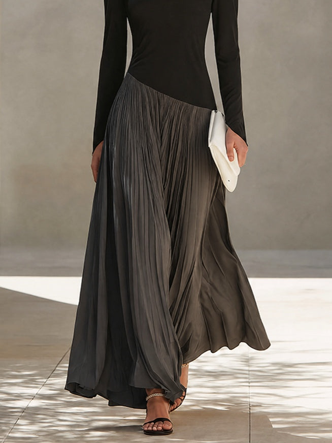 OPHÉLIE | Vestido Maxi Plisado Bicolor con Cuello Drapeado
