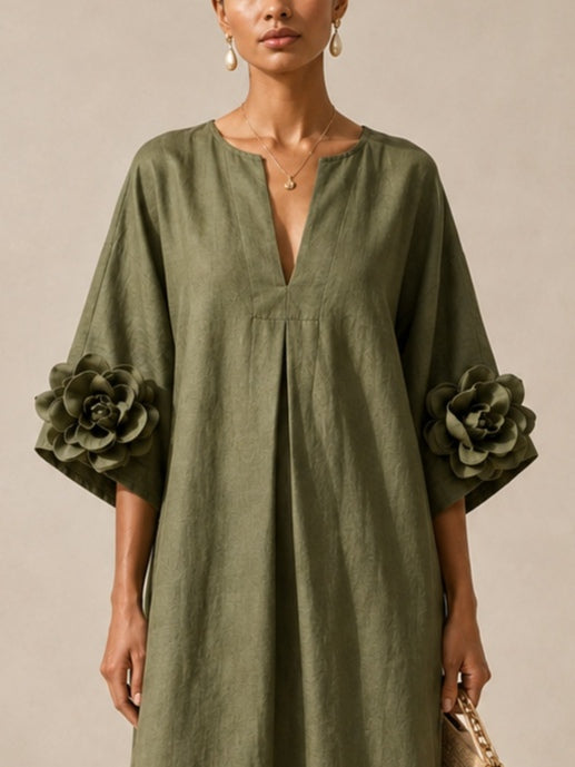 LIVIA | Vestido Midi Verde Oliva con Escote en V