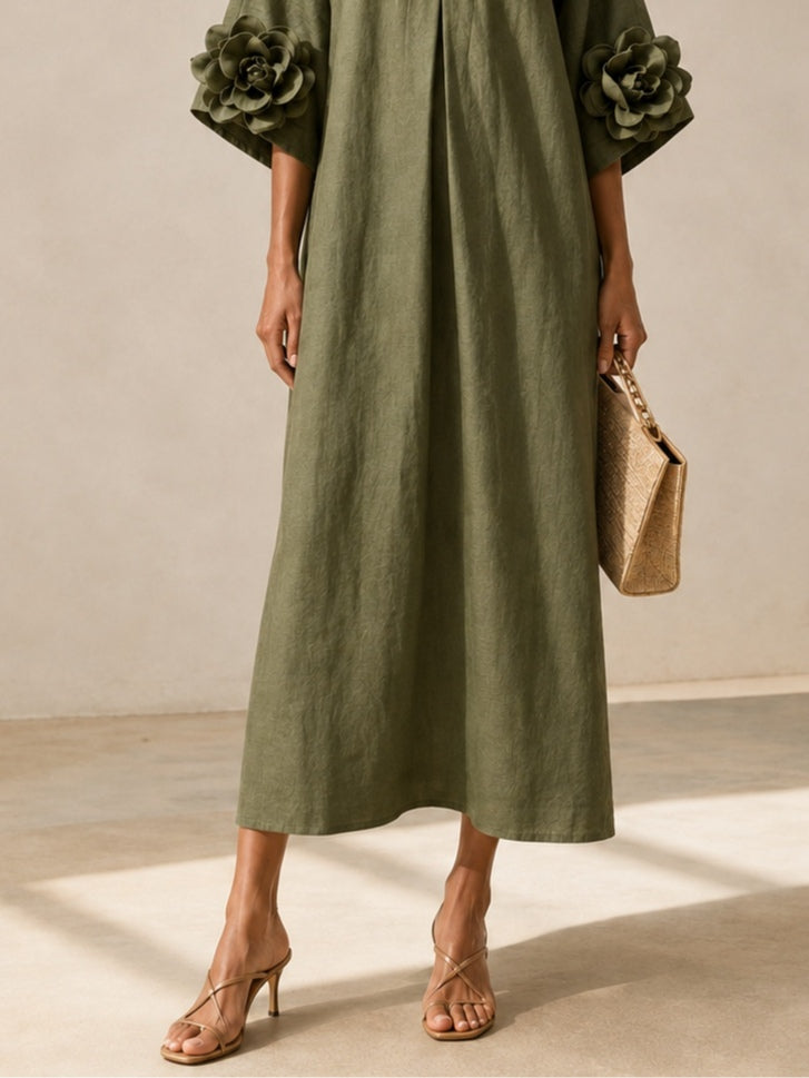 LIVIA | Vestido Midi Verde Oliva con Escote en V