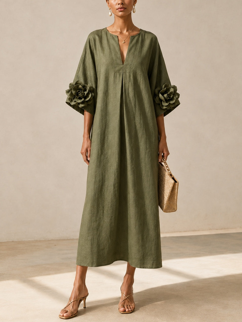 LIVIA | Vestido Midi Verde Oliva con Escote en V