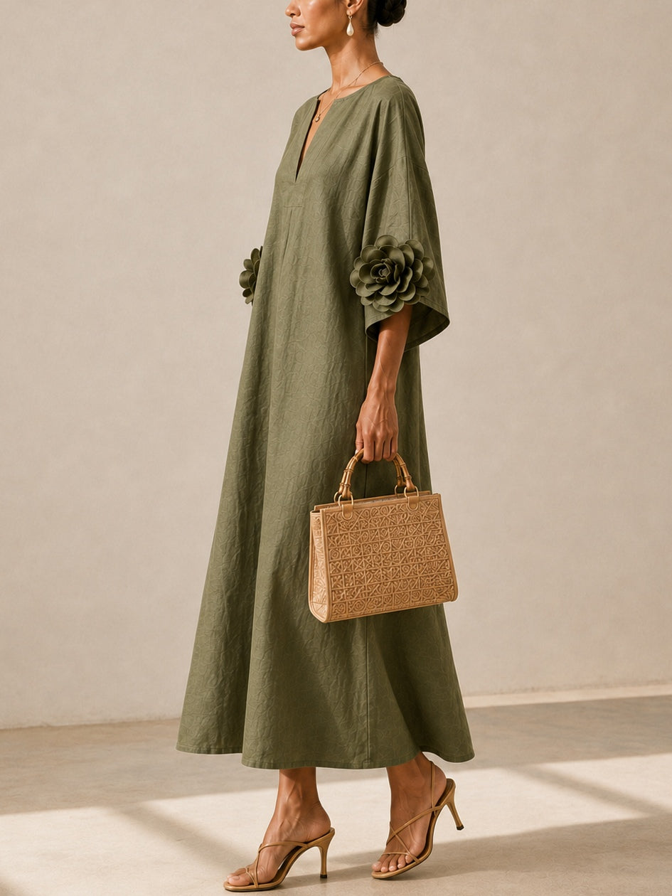 LIVIA | Vestido Midi Verde Oliva con Escote en V