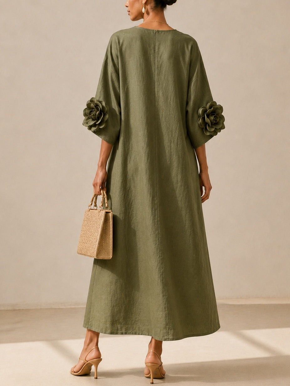 LIVIA | Vestido Midi Verde Oliva con Escote en V