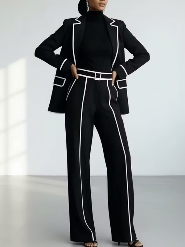 MARIETTA | Conjunto Negro de Blazer con Ribete Blanco