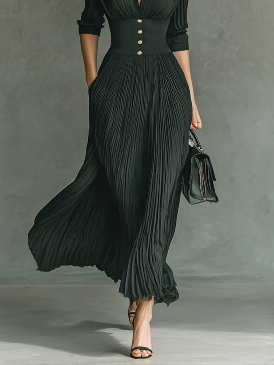 ELVIRA | Vestido Largo Plisado con Solapas y Cintura Alta