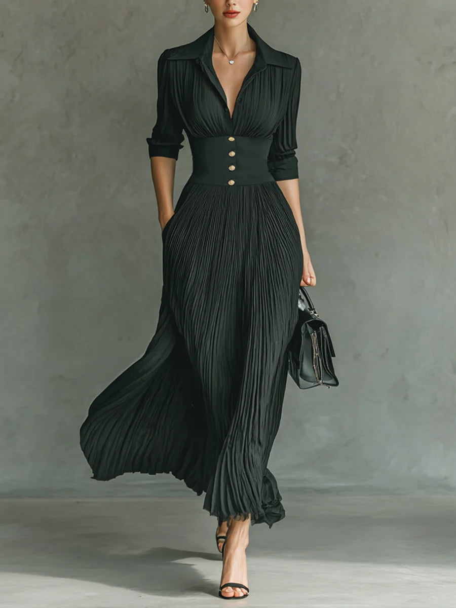 ELVIRA | Vestido Largo Plisado con Solapas y Cintura Alta