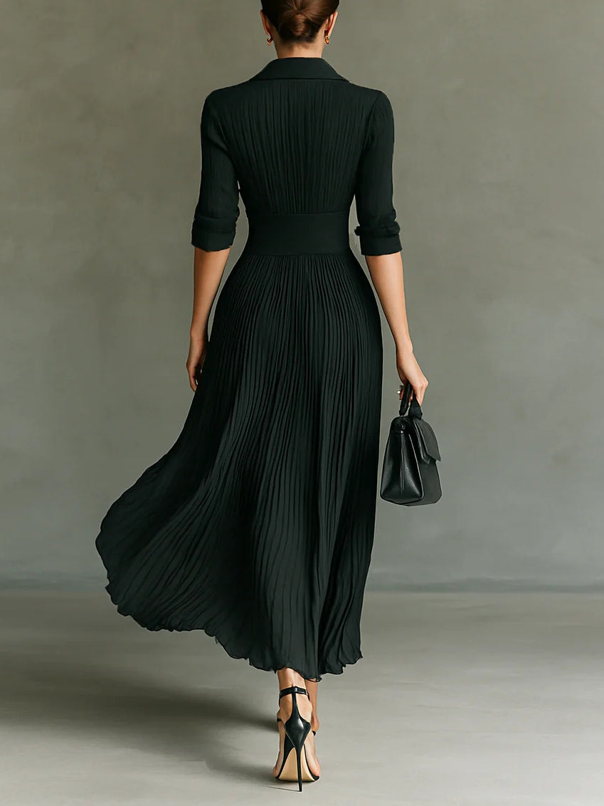 ELVIRA | Vestido Largo Plisado con Solapas y Cintura Alta