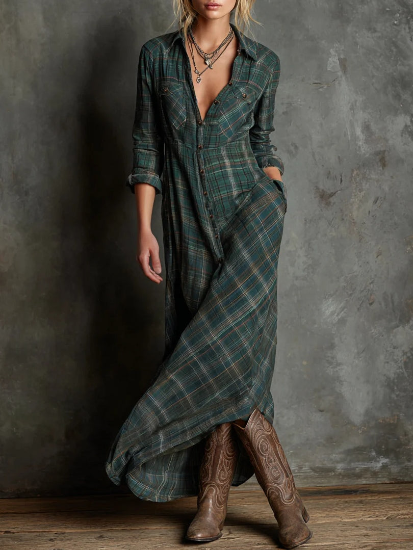 MARGARITA | Vestido Camisero Largo de Cuello a Cuadros