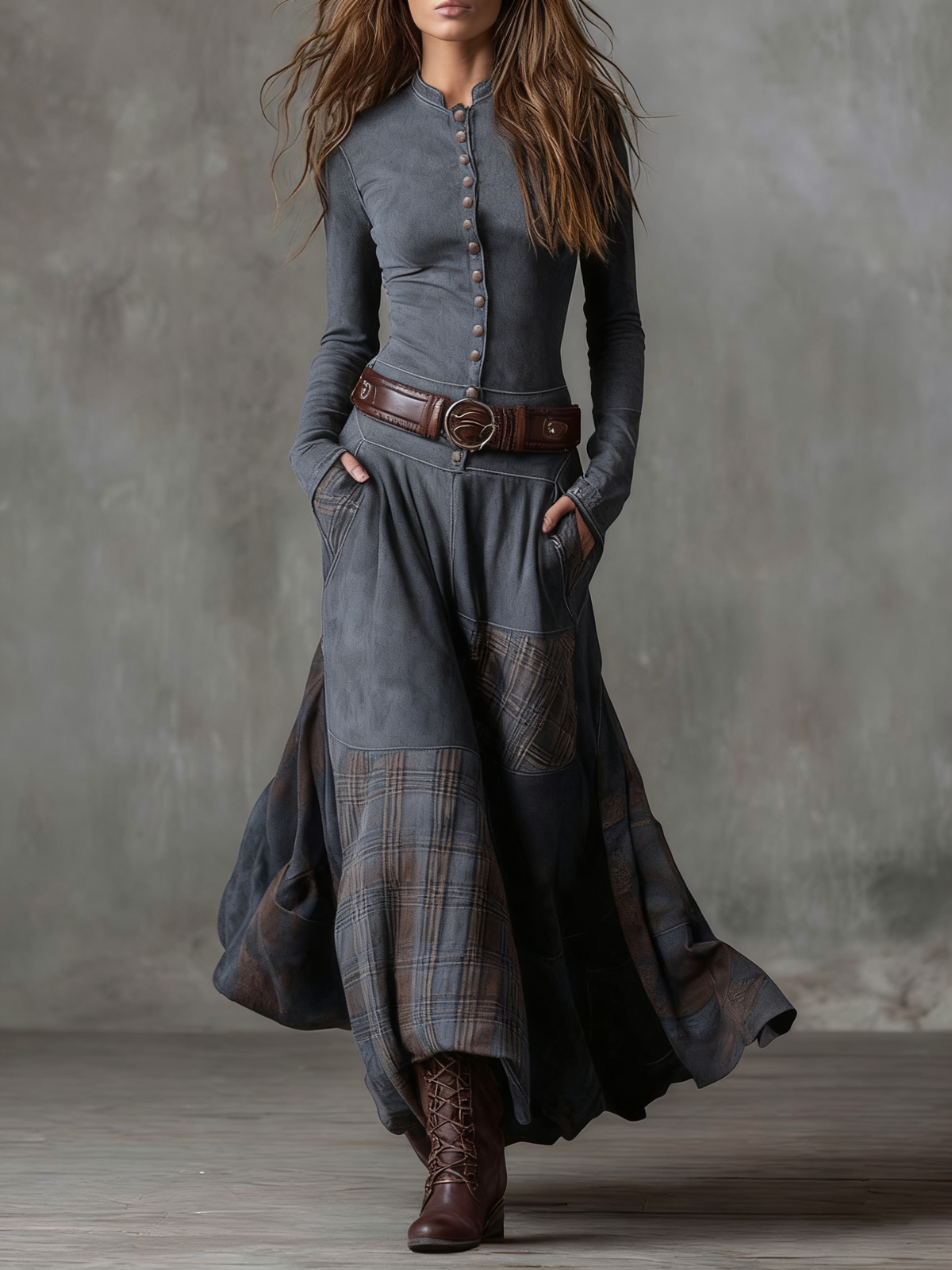 ELOISA | Vestido Maxi de Cuadros con Cinturón