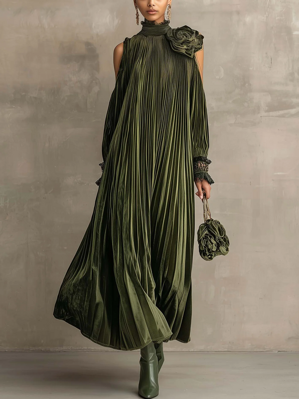 ARABELLA | Vestido Largo Plisado con Rosa al Hombro