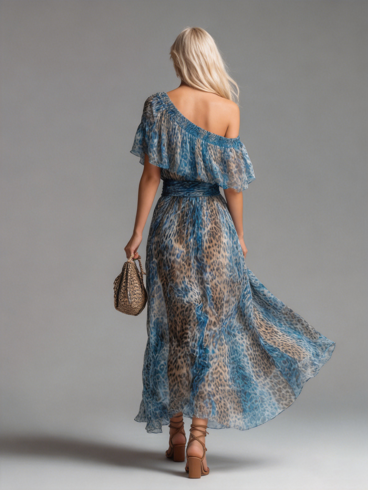 LEONA | Vestido Largo de Gasa Leopardo con Hombros Descubiertos