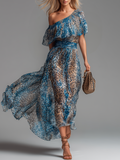 LEONA | Vestido Largo de Gasa Leopardo con Hombros Descubiertos
