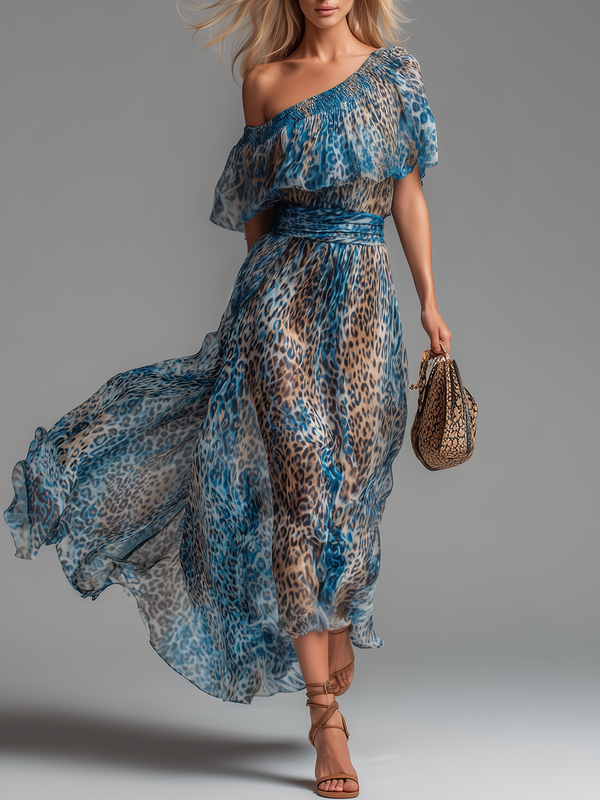 LEONA | Vestido Largo de Gasa Leopardo con Hombros Descubiertos