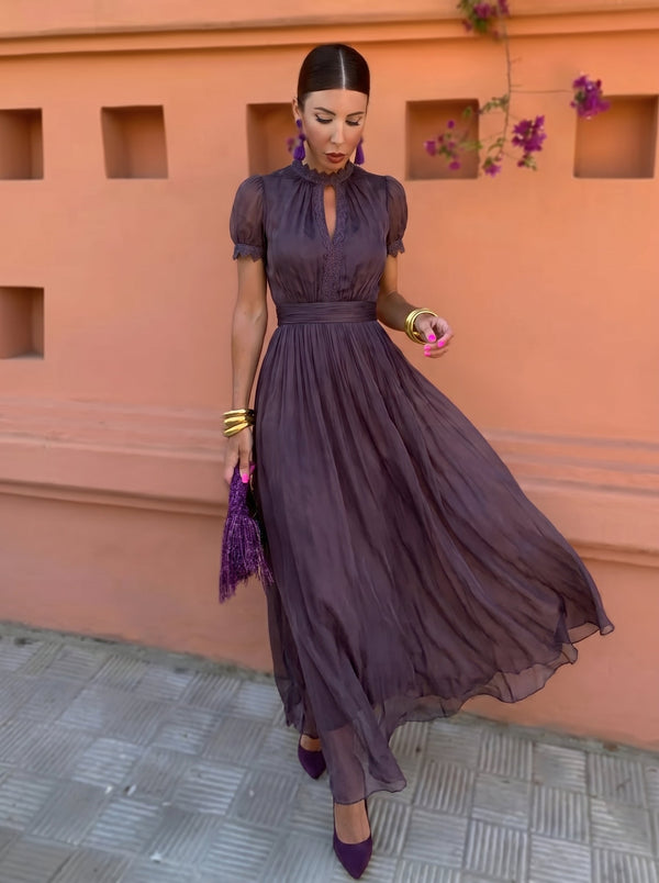 ARACELI | Vestido Largo de Gasa con Cuello Alto