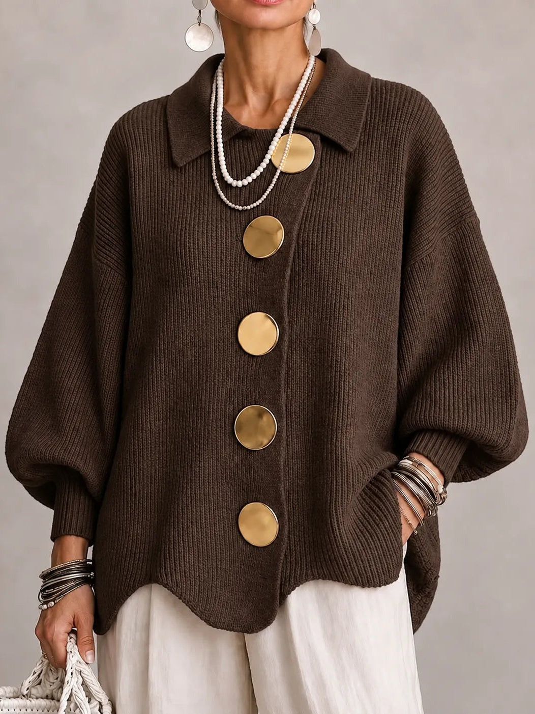 BRUNELLA | Cárdigan Oversize de Canalé Marrón Chocolate
