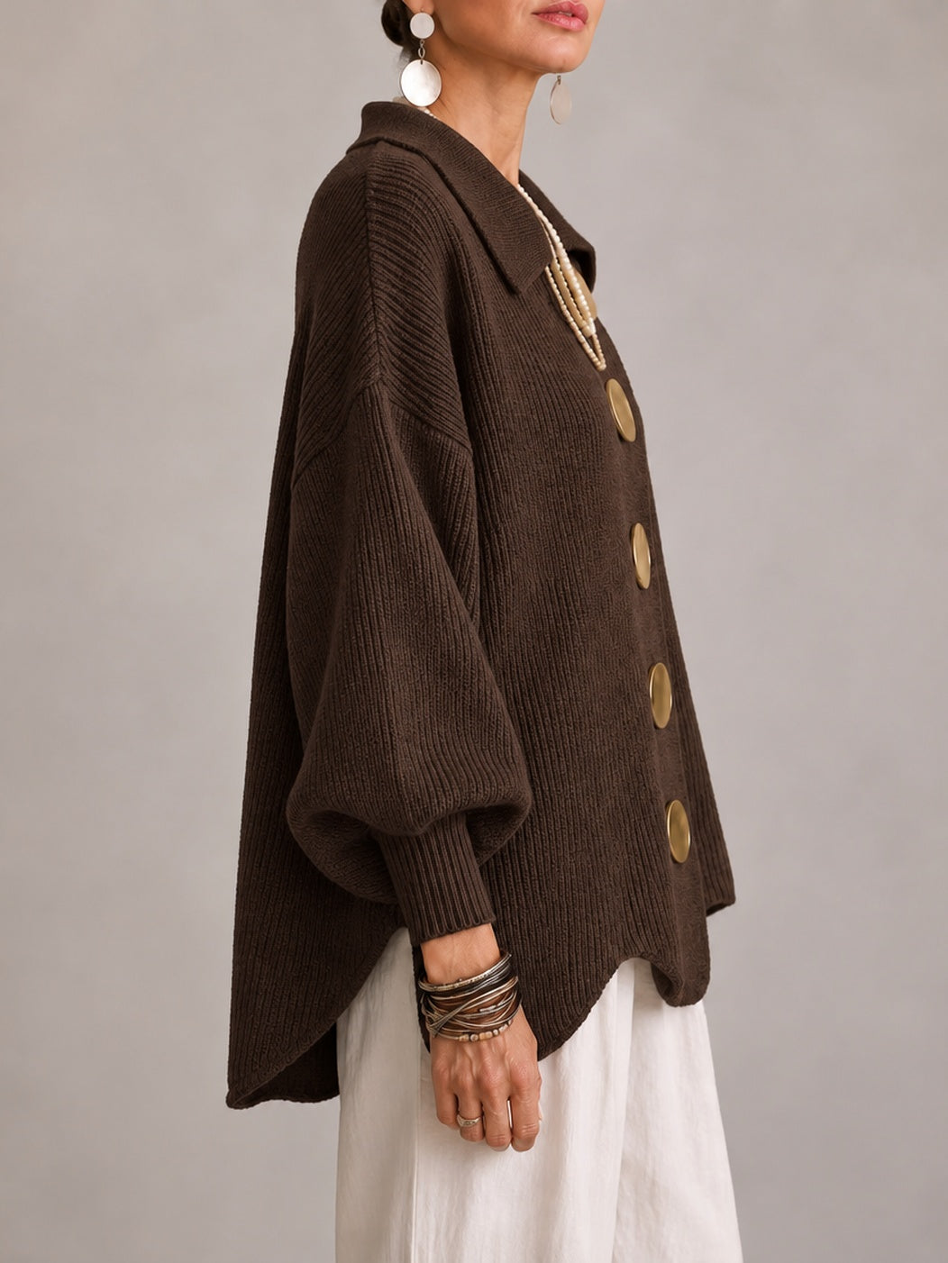 BRUNELLA | Cárdigan Oversize de Canalé Marrón Chocolate