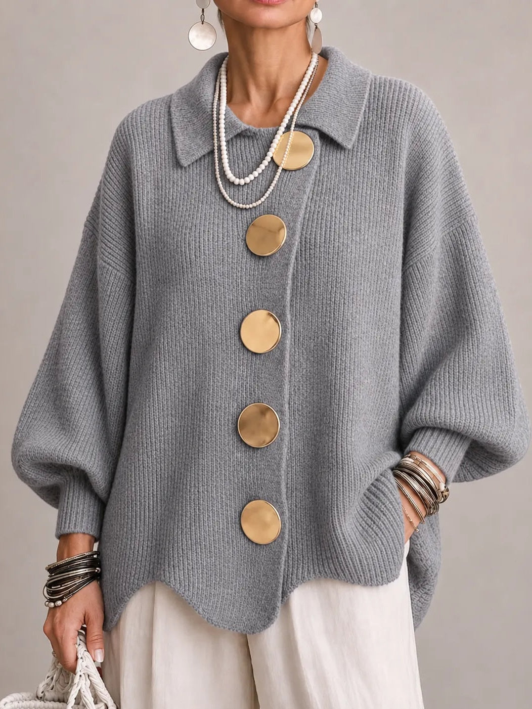 ROSSELLA | Cárdigan Oversize Gris con Bajo Festoneado