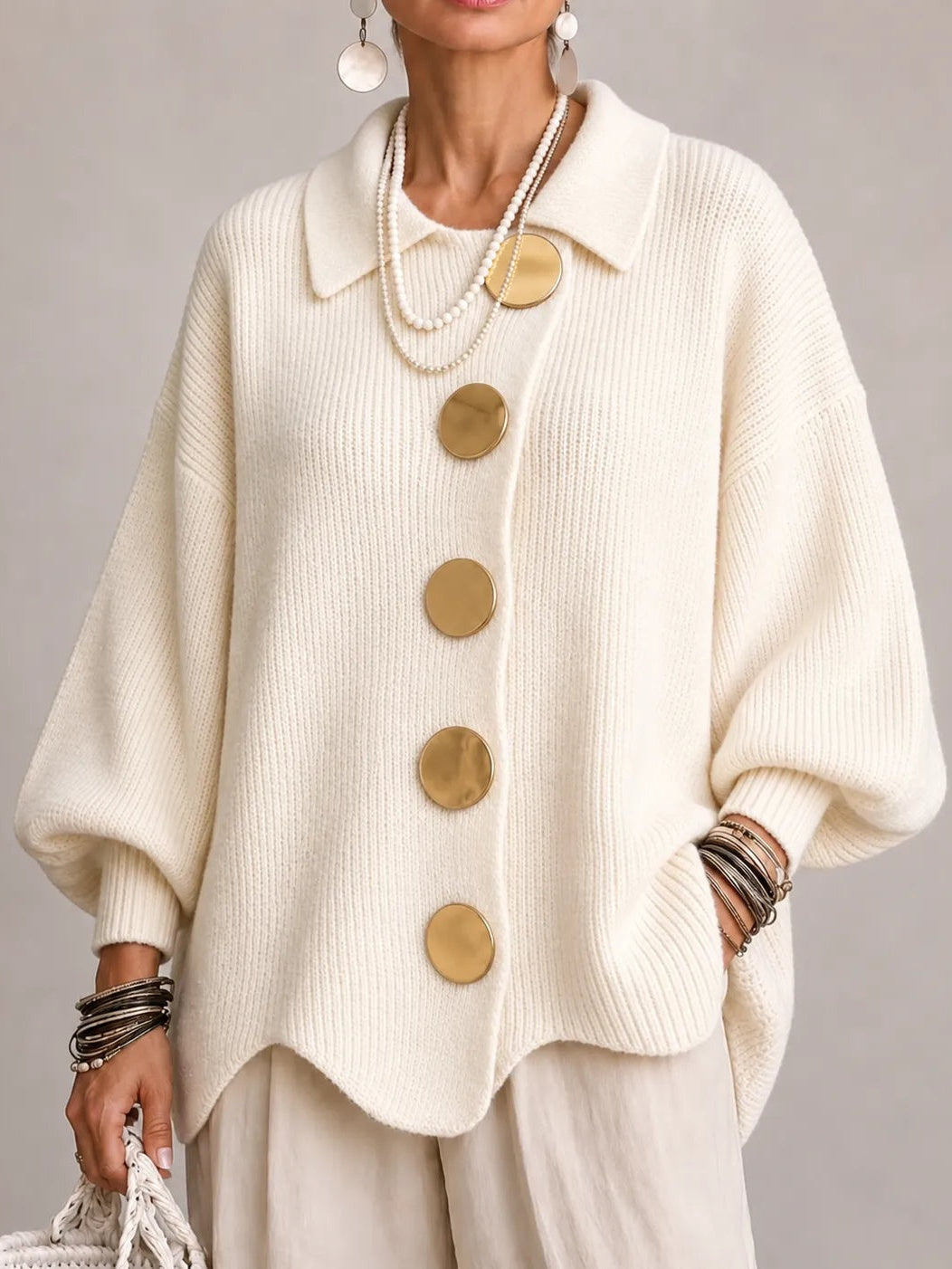 GEMMA | Cárdigan Oversize Marfil con Bajo Festoneado