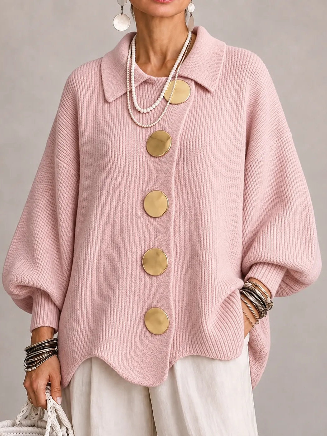 CLELIA | Cárdigan Oversize de Canalé Rosa Empolvado