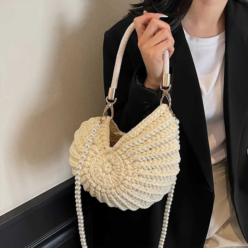 TAMARA | Bolso Tote Trenzado con Asa de Cadena - Blanco Crema