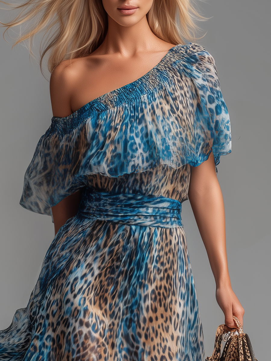 LEONA | Vestido Largo de Gasa Leopardo con Hombros Descubiertos