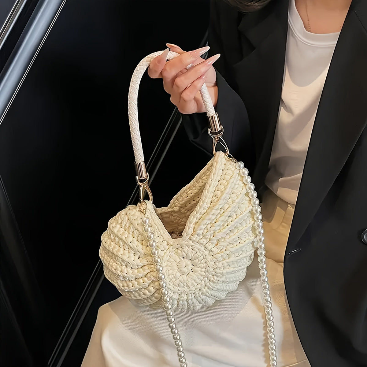 TAMARA | Bolso Tote Trenzado con Asa de Cadena - Blanco Crema