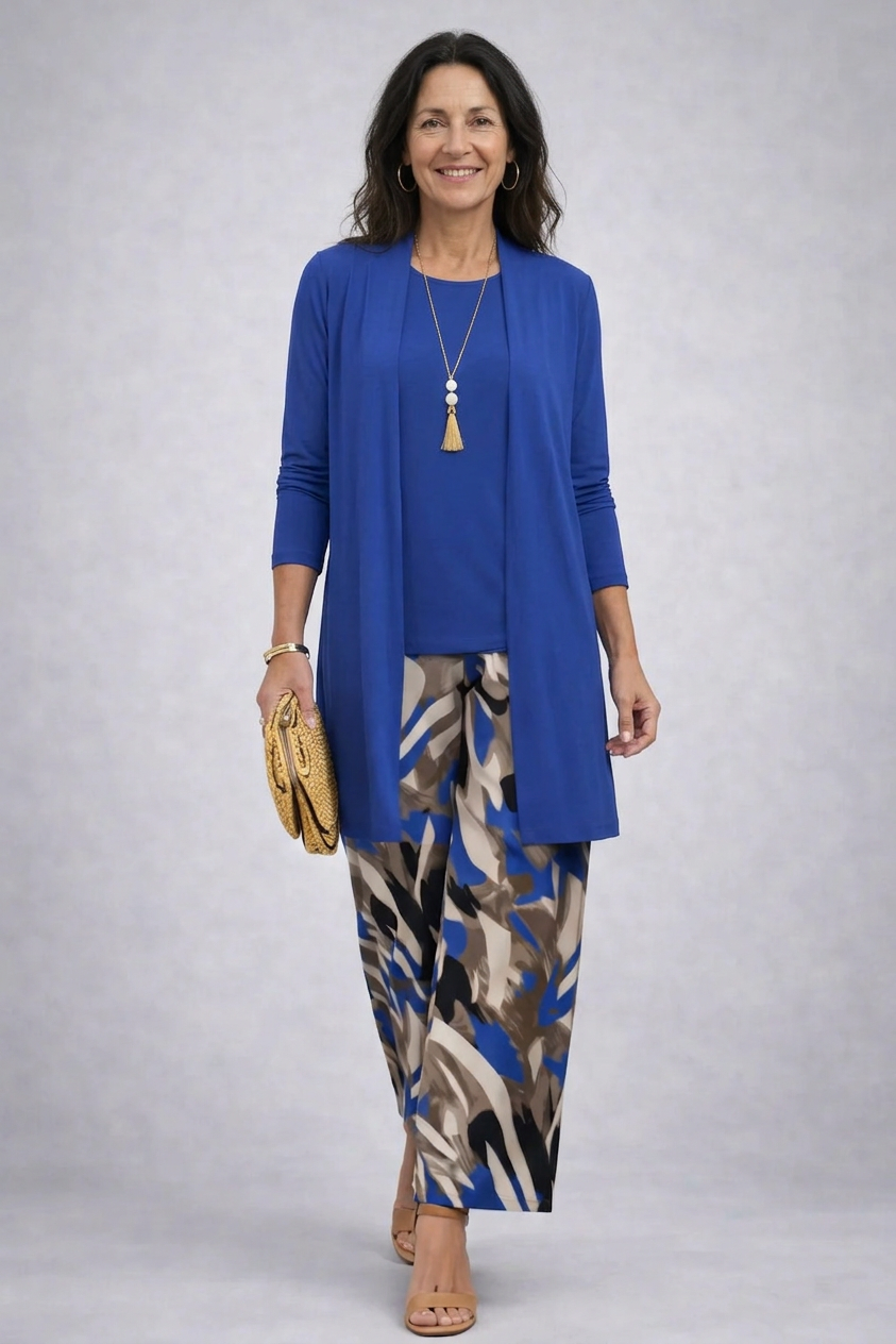 YAIZA | Conjunto Azul de Tres Piezas con Cárdigan
