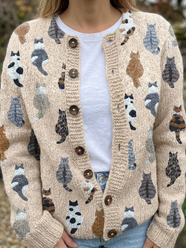 PAULETTE | Cárdigan de Punto con Estampado de Gatos