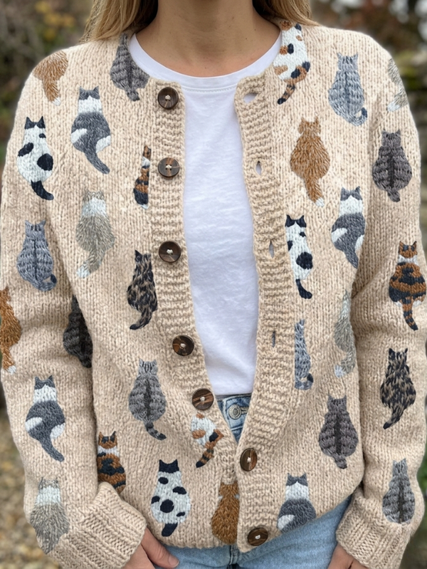 PAULETTE | Cárdigan de Punto con Estampado de Gatos