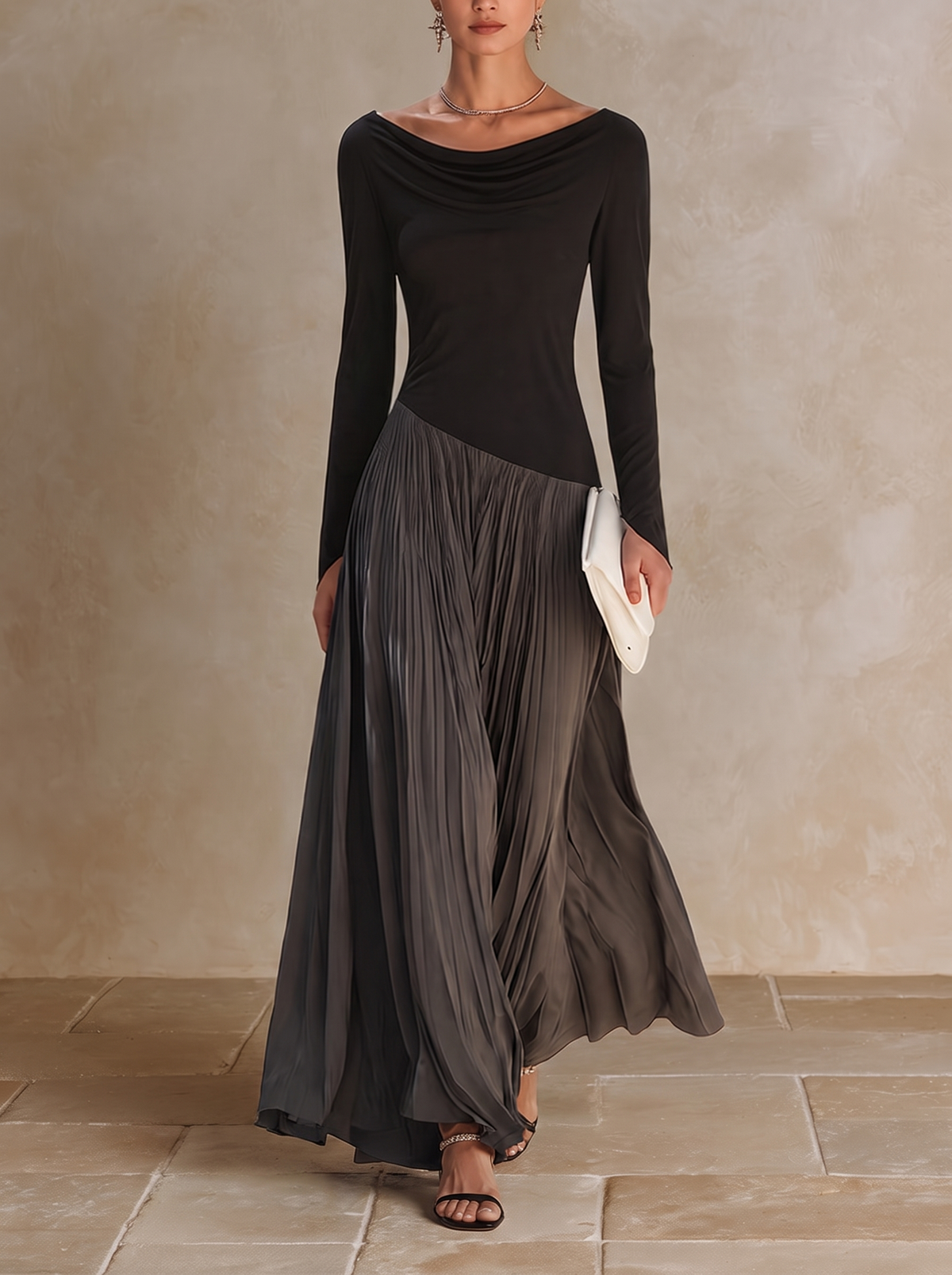 OPHÉLIE | Vestido Maxi Plisado Bicolor con Cuello Drapeado