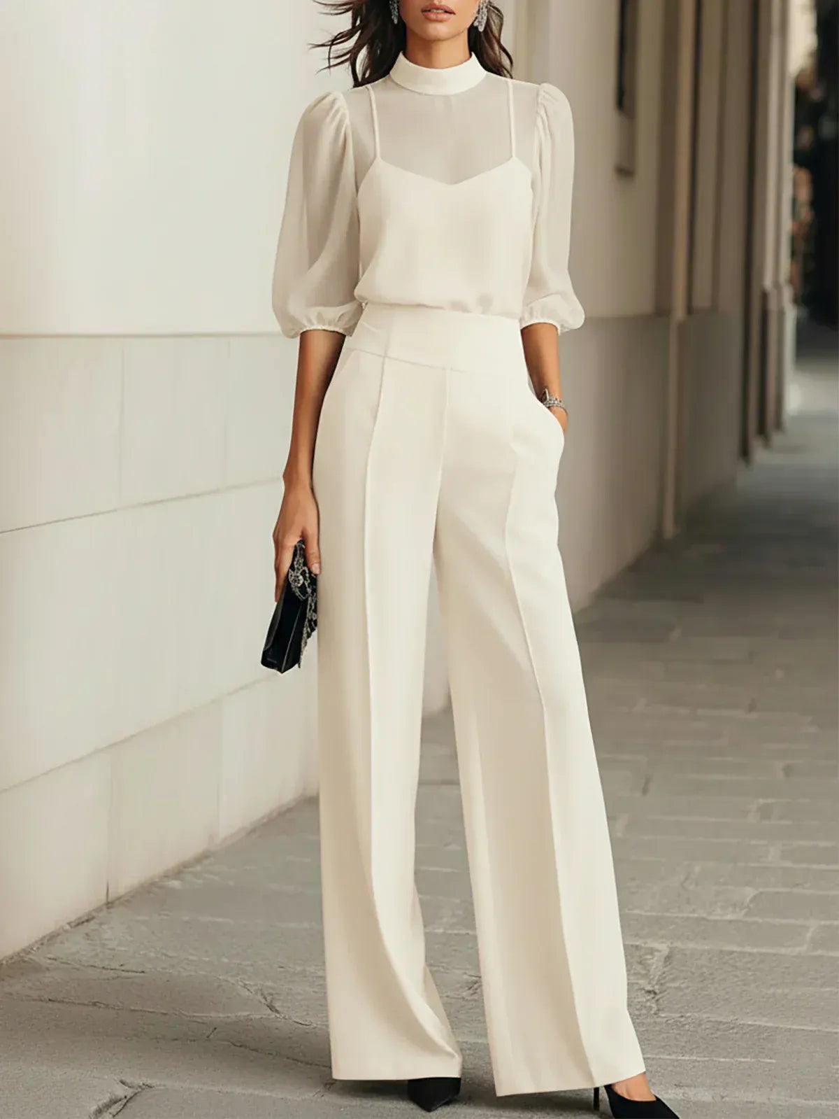 VALESKA | Conjunto de Blusa Transparente y Pantalón Ancho