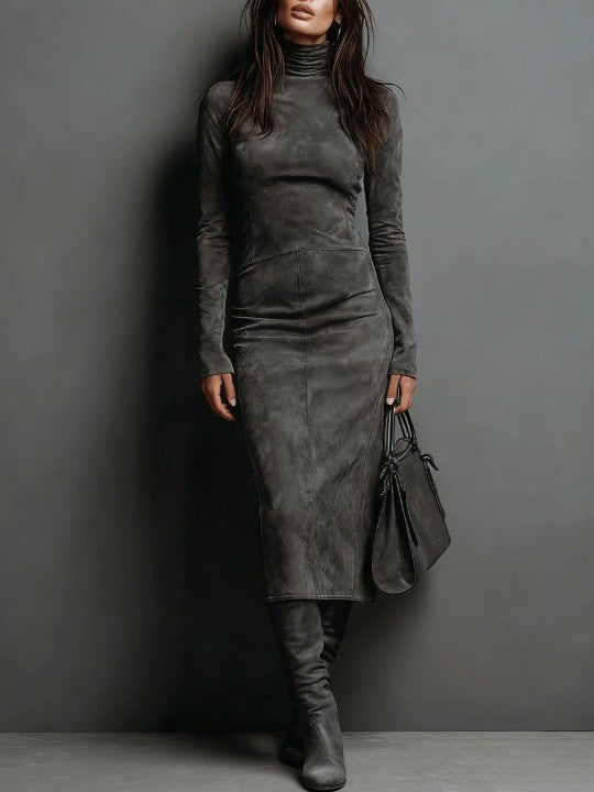 MAITE | Vestido Midi Efecto Ante con Cuello Alto